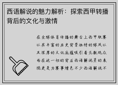 西语解说的魅力解析：探索西甲转播背后的文化与激情