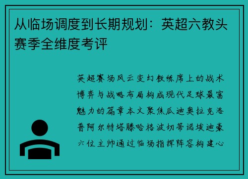 从临场调度到长期规划：英超六教头赛季全维度考评