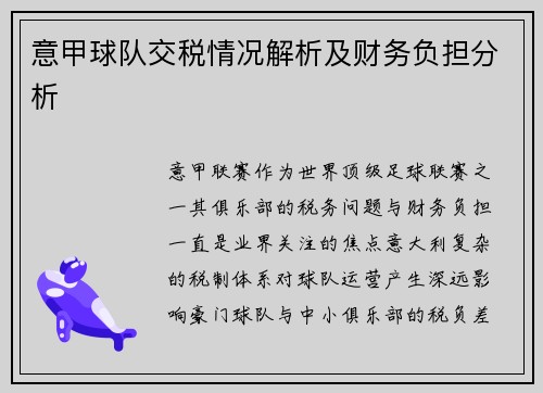 意甲球队交税情况解析及财务负担分析